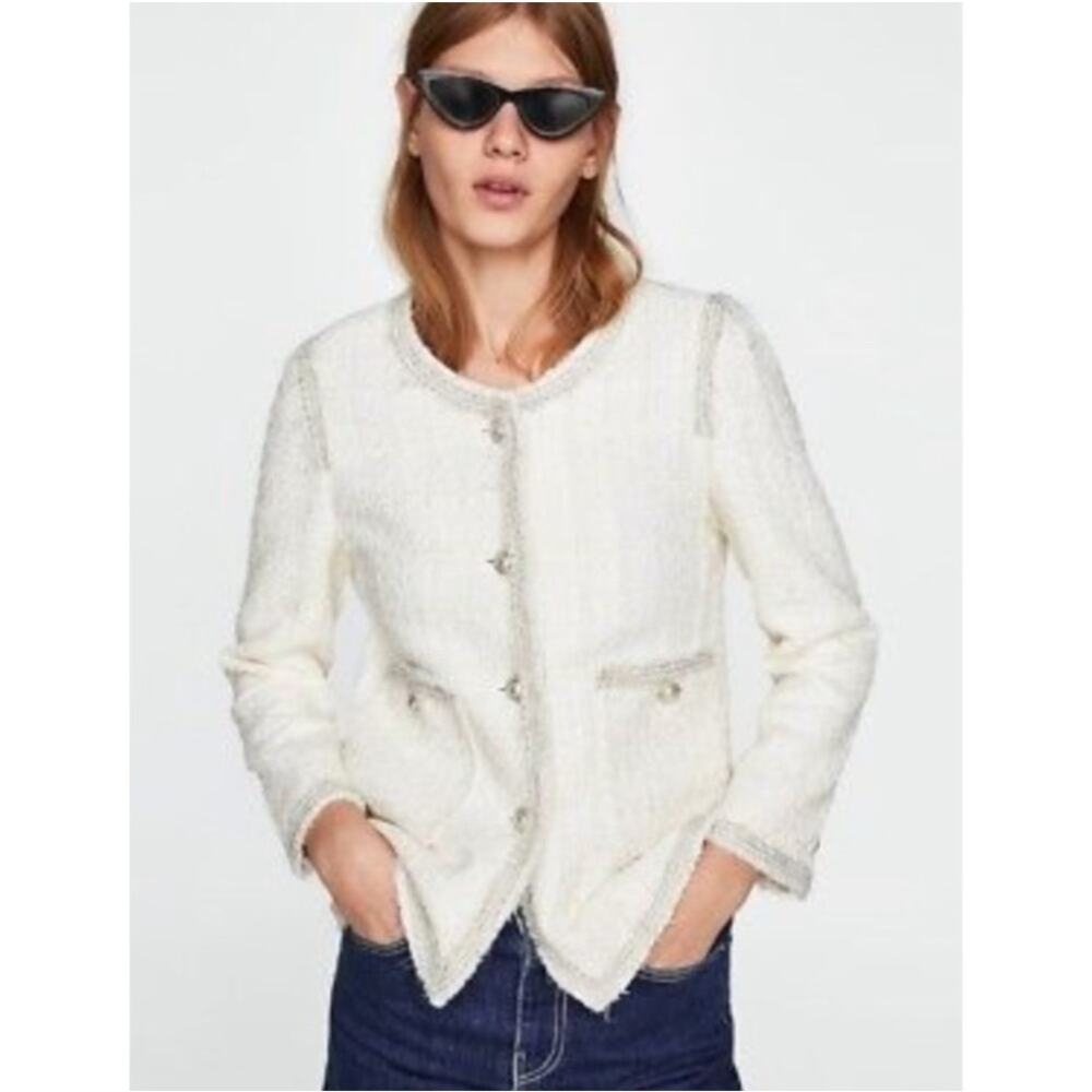 Zara Blazer Tweed Frayed Pearl Button Jacket Cream Silver Metallic Womens Sz XS